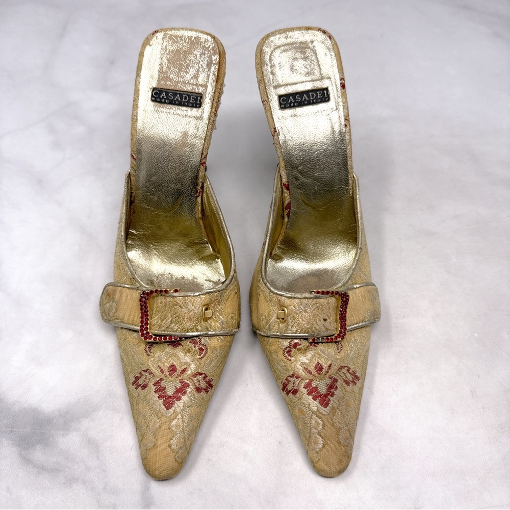 CASADEI Vintage 80s 90s Jacquard Floral Mule Pump Pointed Toe Heels Y2K Gold 6
